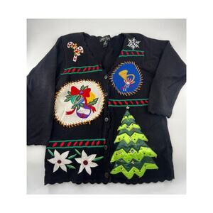 Vintage Gladys Bagley Sweater Cardigan Women Medium Black Knit Christmas Holiday
